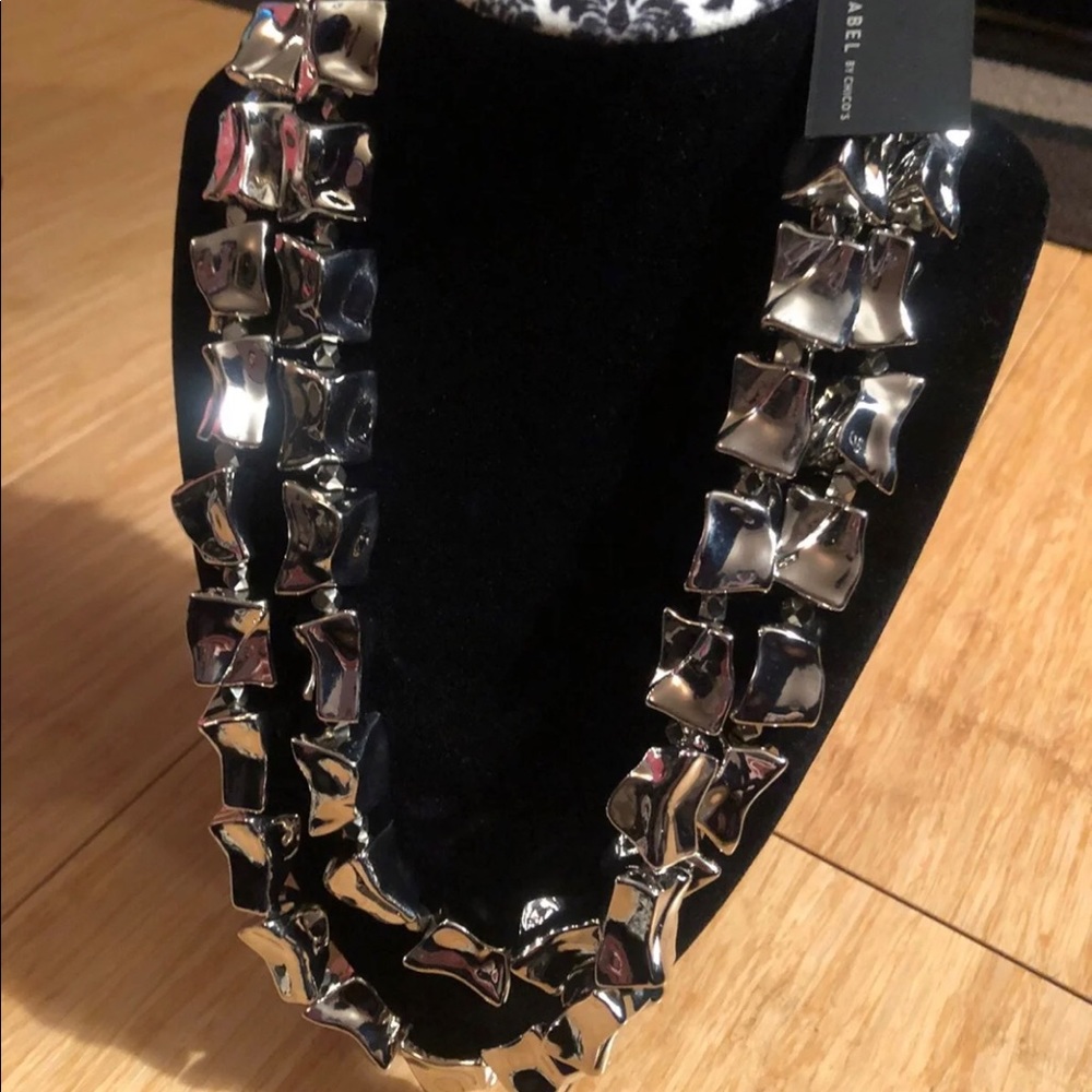 🦉Chicos Black Label Long Chrome Silver Statement Necklace